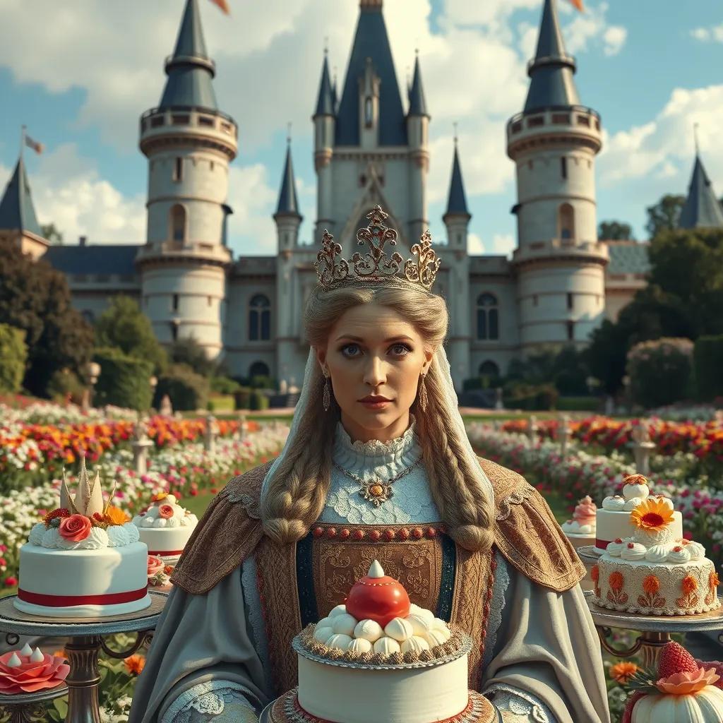 Image of A grand castle with tall towers and a beautiful garden filled with flowers. Queen Clara, a kind-looking woman with a crown, surrounded by cakes of all shapes and sizes.