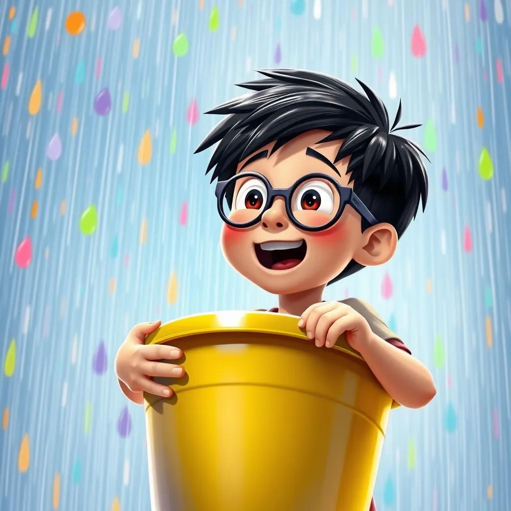 Image of A boy, Alex, with short black hair and glasses, holding a big bucket under multicolored raindrops, excitement on his face, dynamic perspective, colorful background