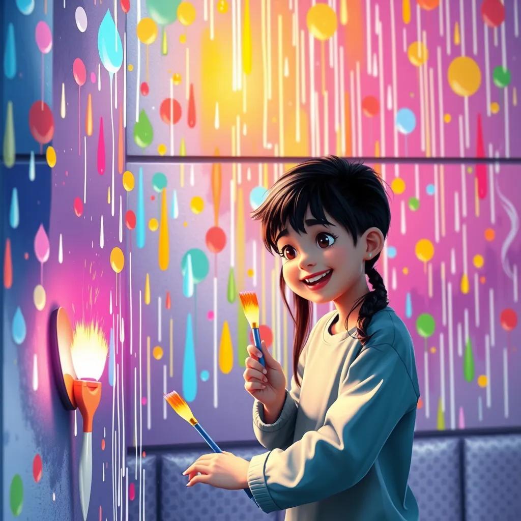 Image of Mia and Alex painting on a wall with bright brushes, creating murals inspired by colorful raindrops, joy and creativity in the air, digital art, inviting and warm light