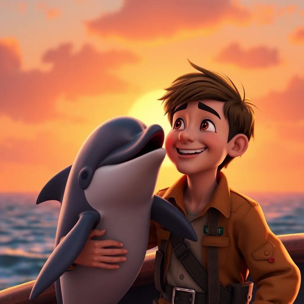 Image of Sam and the dolphin in the sunset, with a beautiful orange sky, showing a friendship between the hunter and sea creature, smiling and enjoying each other's company, warm colors, uplifting atmosphere, high quality