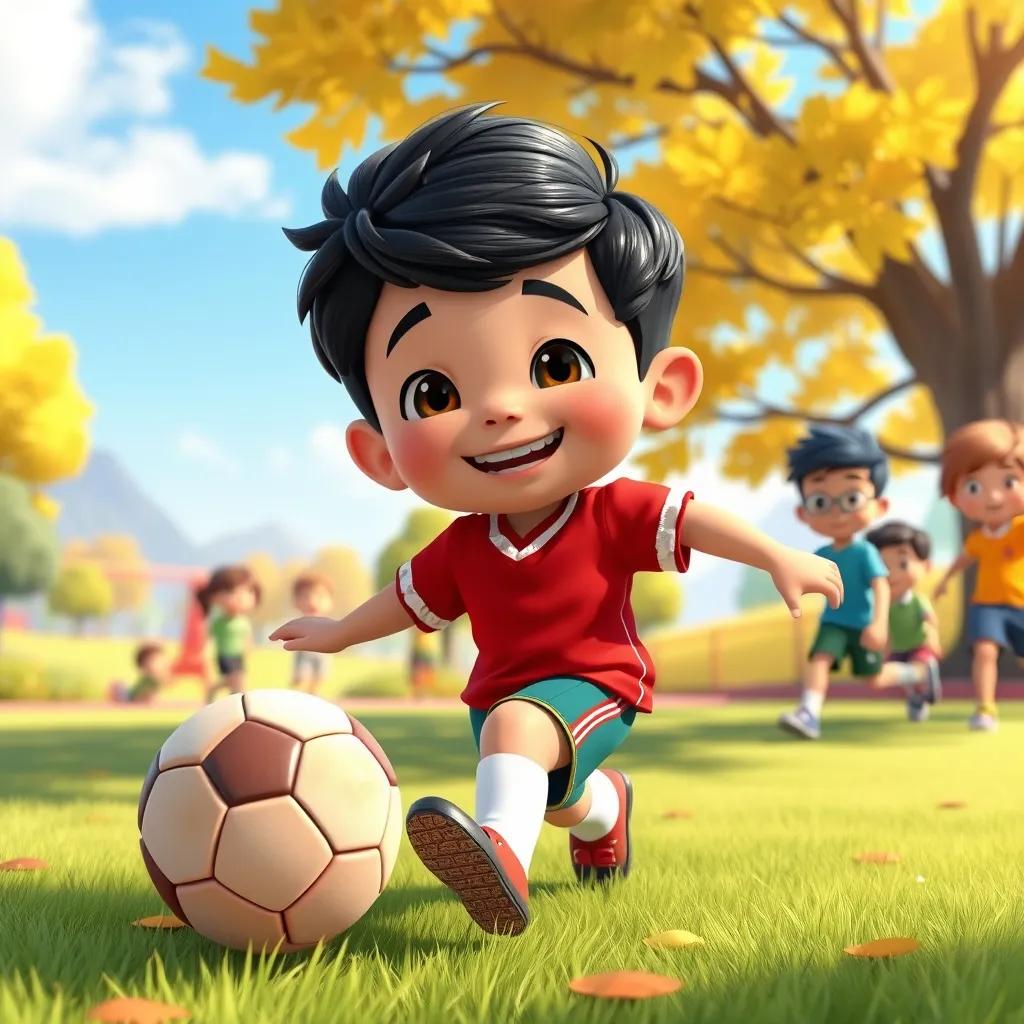 Image of A little boy named Malek, with dark hair and a big smile, wearing a red football jersey, kicking a soccer ball in a sunny park with friends, colorful landscape, cheerful atmosphere, digital art, high quality