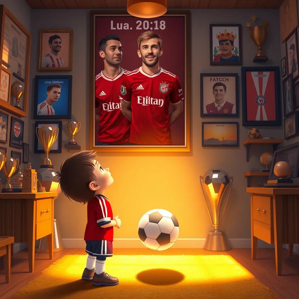 Image of Malek, a little boy wearing a red football jersey, looking up to a big poster of Luka Modric, with a football in his hands, in a cozy room filled with football trophies and posters, warm light, inspirational atmosphere, digital painting, bright colors