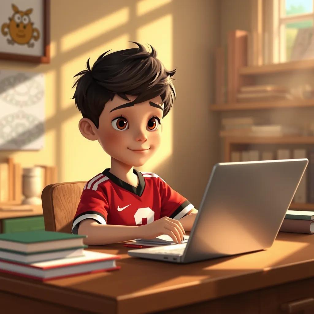 Image of Malek, a talented little boy in a red football jersey, studying at a wooden desk with books and a laptop, sunlight streaming through the window, focused expression, warm and inviting atmosphere, detailed illustration, high quality