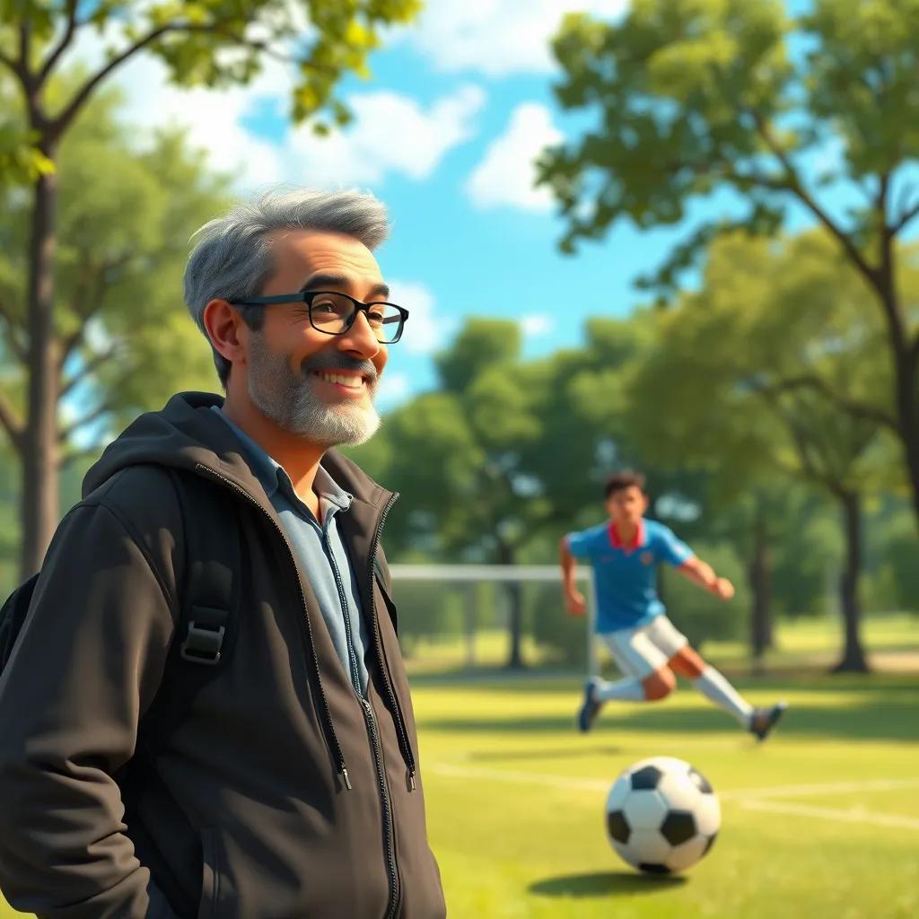 Image of A football scout, a middle-aged man with a friendly smile, observing Malek playing football in the park, vibrant scenery with trees and a blue sky in the background, lively and dynamic scene, digital artwork, colorful