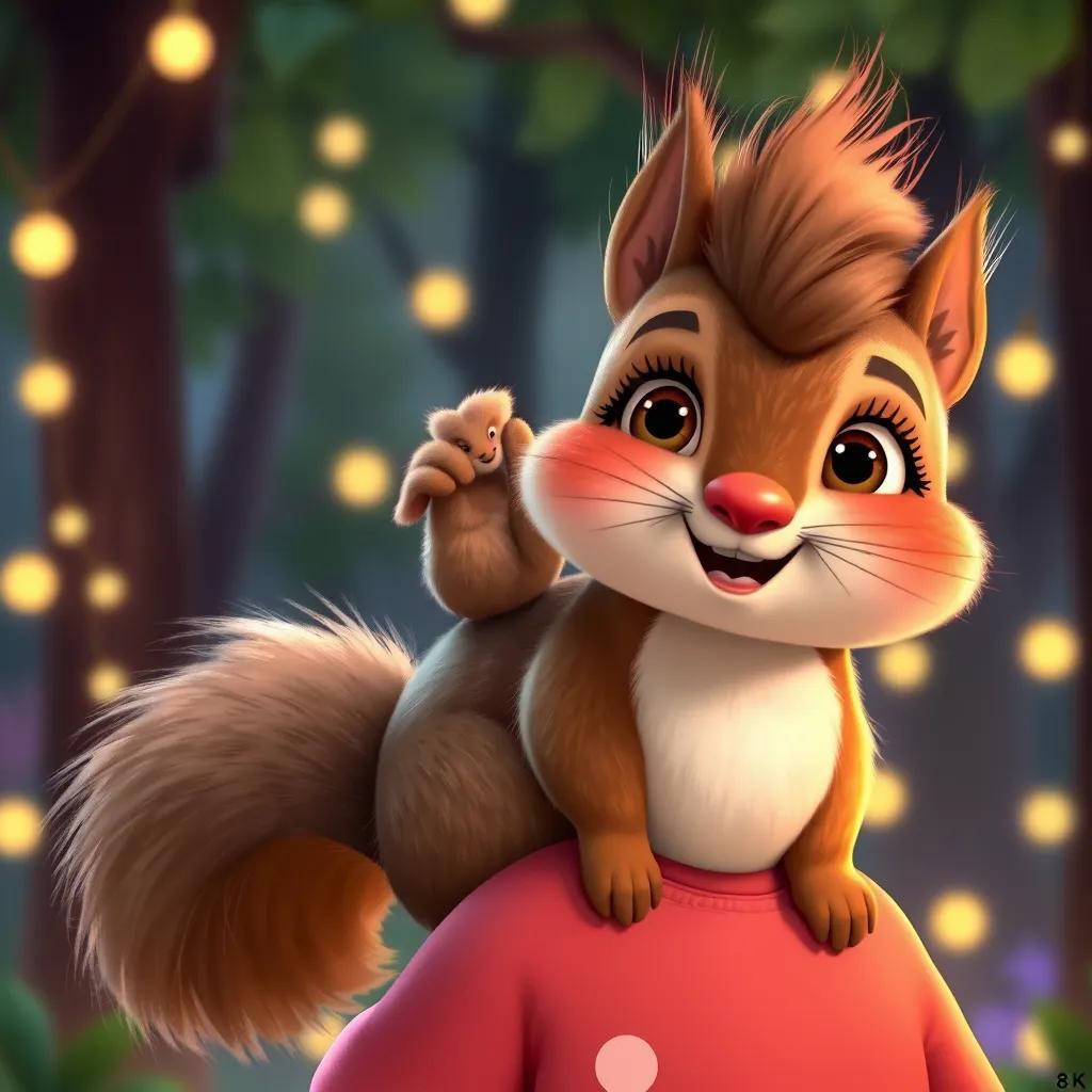 Image of A friendly squirrel named Nutty with fluffy fur, perched on Lila's shoulder, surrounded by twinkling forest lights, cute and playful, illustration, detailed, vibrant atmosphere