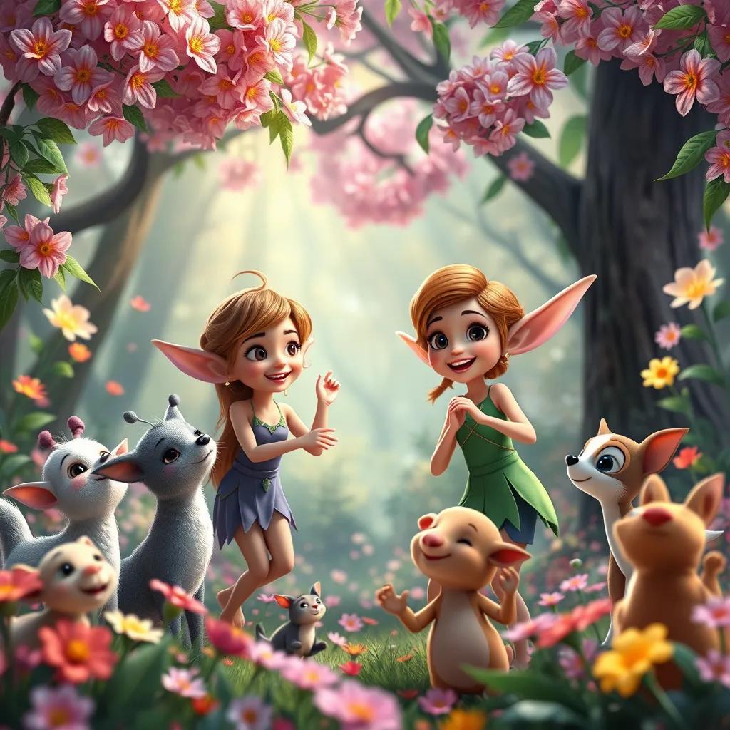 Image of Elves celebrating in a vibrant forest with blooming flowers, joyful animals dancing around, Lila smiling with her friends, heartwarming, rich colors, uplifting imagery