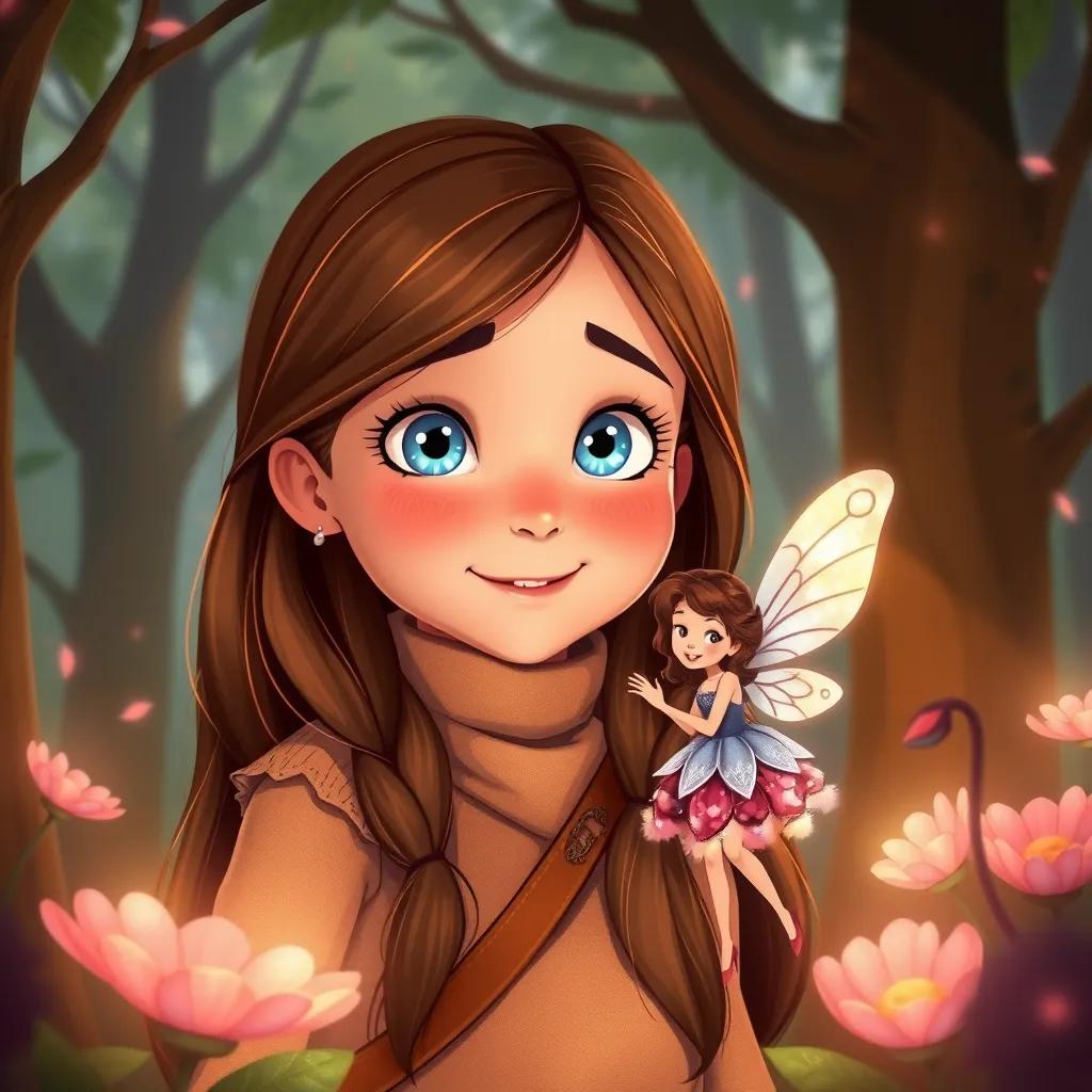 Image of Sara, a brave 8-year-old girl, with long brown hair and bright blue eyes, meeting a tiny fairy, Lila, with shimmering wings and a dress made of petals, surrounded by whispering trees, illustration, warm colors, whimsical, fantasy