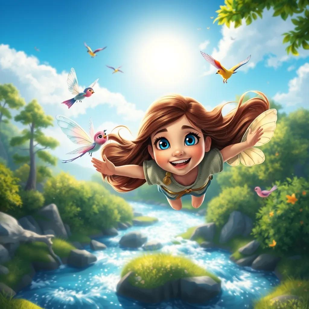 Image of Sara, a brave 8-year-old girl, with long brown hair and bright blue eyes, flying over sparkling streams with Lila, a tiny fairy with shimmering wings, sun shining through the trees, colorful birds singing around, digital painting, bright and cheerful, magical