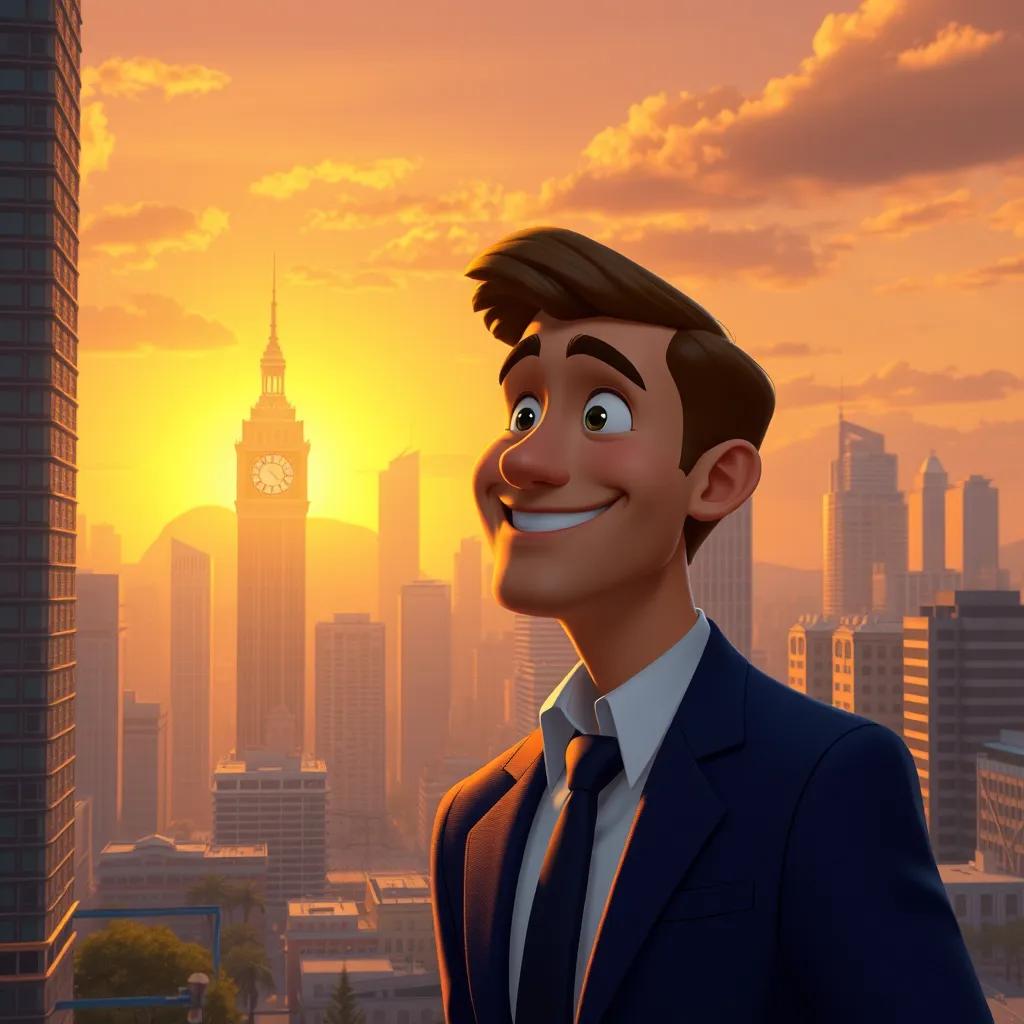 Image of Golden sunset over a bustling city with tall buildings, a large clock tower showing closing time. Leo, a middle-aged man with short brown hair, wearing a business suit, smiles as he walks home, anticipation in his eyes.