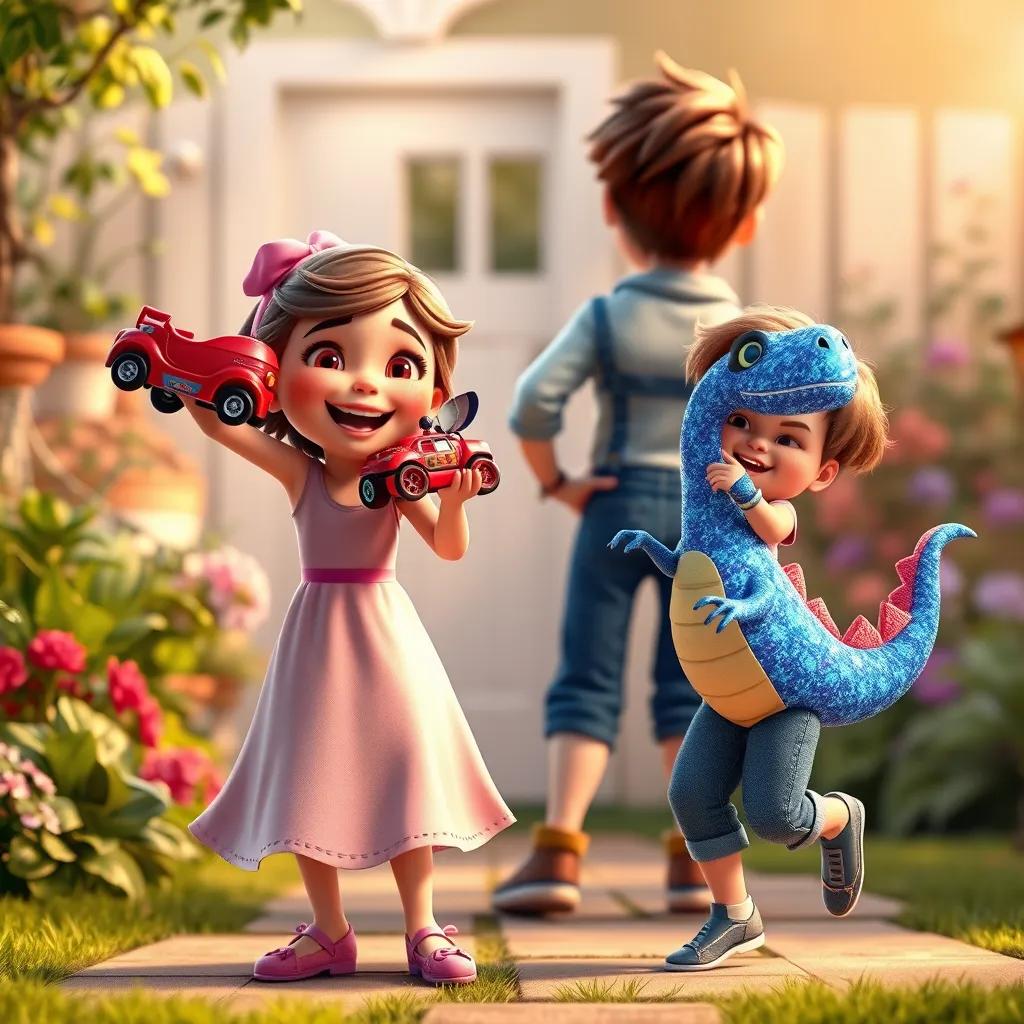 Image of A joyful moment as Mia holds a shiny red toy car and Noah clutches a sparkly blue dinosaur. They are dancing and cheery while Leo stands back watching them, filled with pride and joy in the background of their garden.