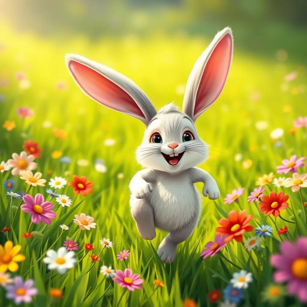 Image of A happy bunny, Benny, with fluffy white fur and big ears, hopping in a bright green meadow filled with colorful flowers and the sun shining, cheerful, detailed digital art, vibrant colors, high quality