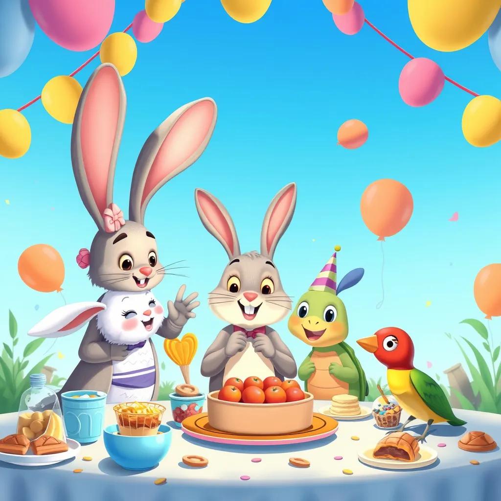 Image of Benny the Bunny organizing a party with Lucy the Lamb, Timmy the Turtle, and Sally the Sparrow, surrounded by snacks and decorations, under a blue sky, joyful atmosphere, illustration, child-friendly