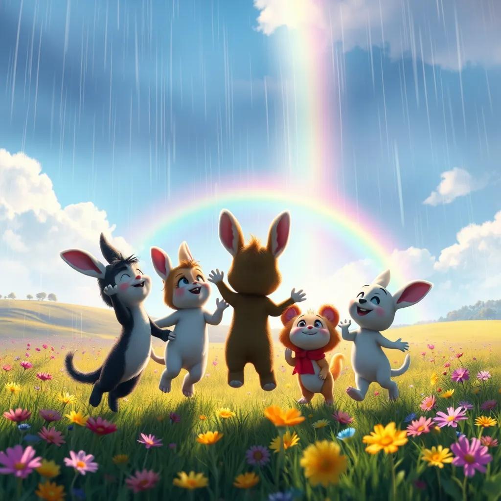 Image of Benny and friends looking at a beautiful rainbow in the sky after rain, jumping with excitement in a meadow, colorful flowers around them, magical scene, digital painting, bright colors