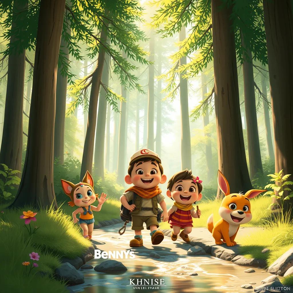 Image of Benny and friends exploring a sunny forest, with tall green trees and clear sparkling stream, joyful expressions, adventure theme, illustration, warm light