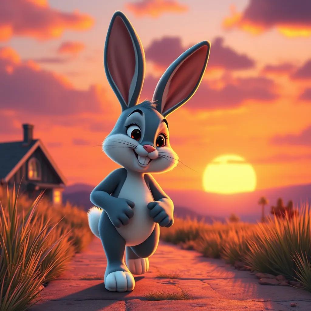 Image of Benny the Bunny returning home at sunset, feeling happy after a day of fun with friends, with shades of orange and purple in the sky, heartwarming scene, warm colors, uplifting