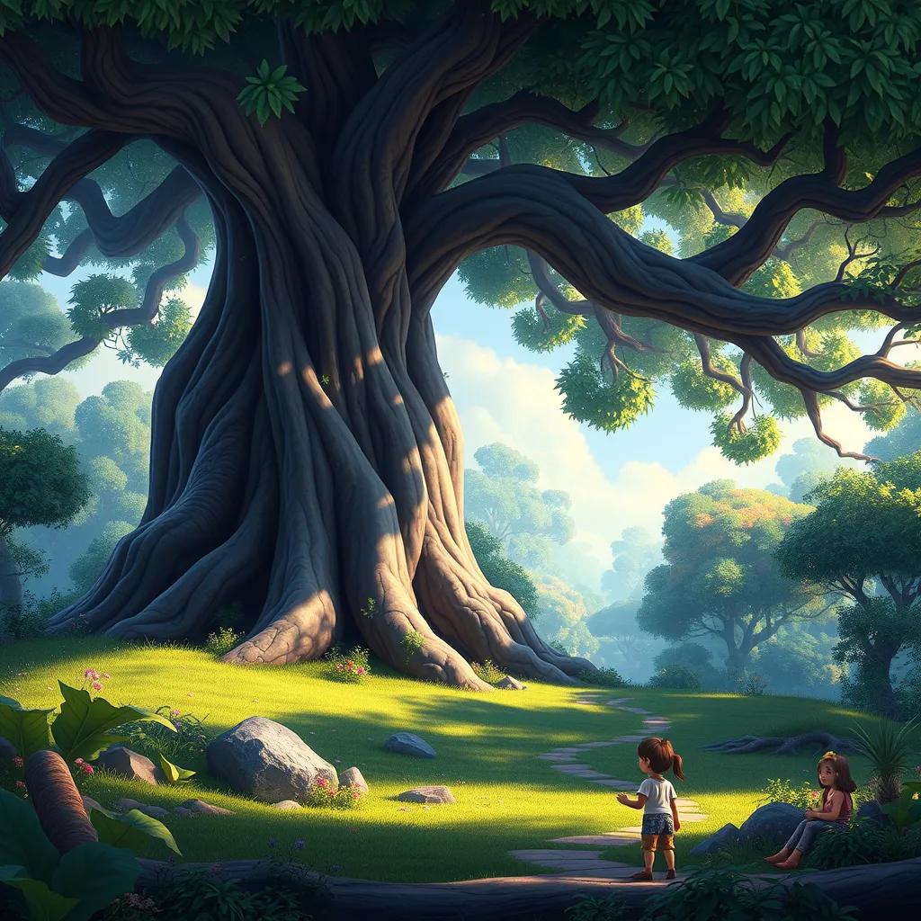 Image of A magical forest with a huge ancient tree that has thick branches and lush green leaves, with three children playing nearby, vibrant colors, cheerful atmosphere, digital art, high quality