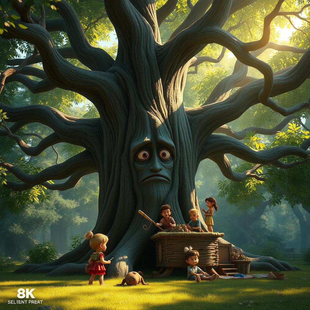 Image of The Mother Tree with swaying branches, looking over the children who are building a fort around her, a sad expression on her bark, sunlight filtering through leaves, soft light, serene vibes