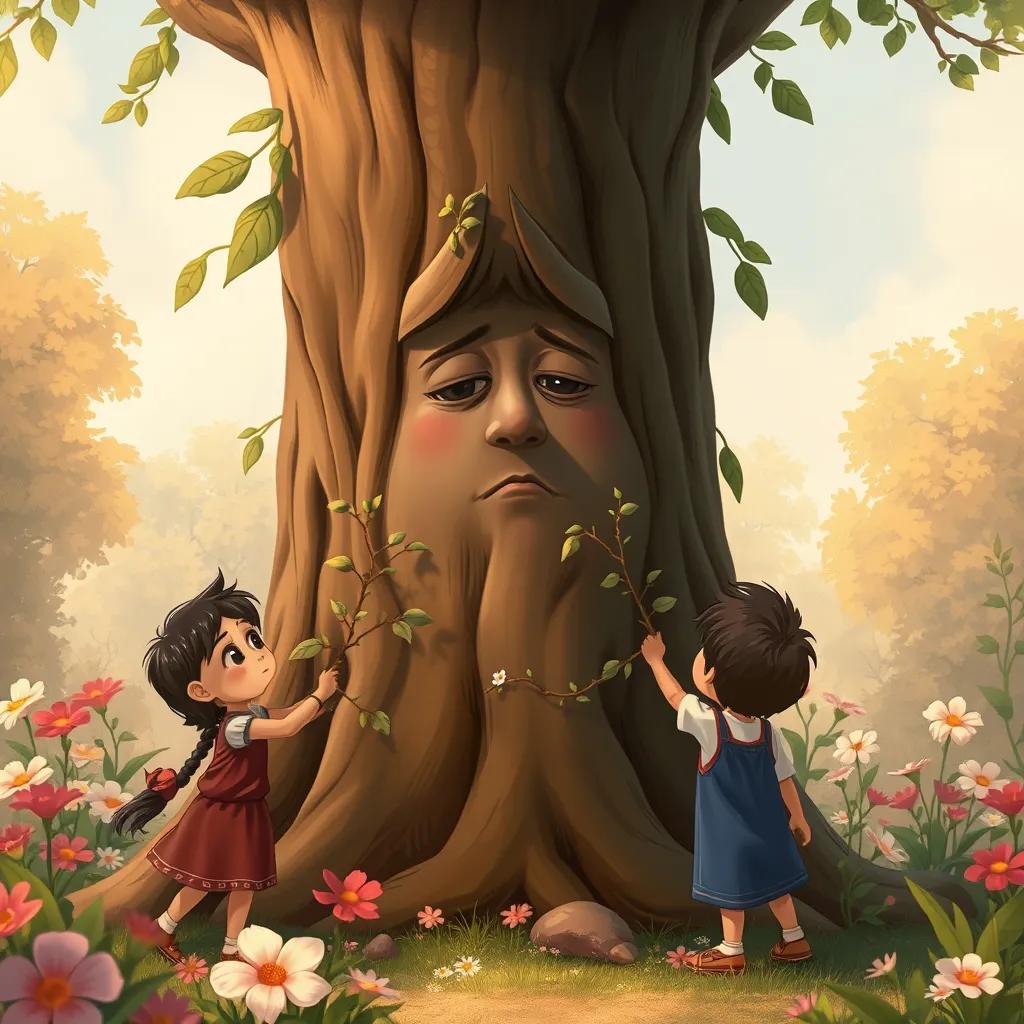 Image of The children pulling small branches from the Mother Tree, the tree looking sad but gentle, surrounded by flowers and greenery, warm colors, detailed scene, emotional illustration