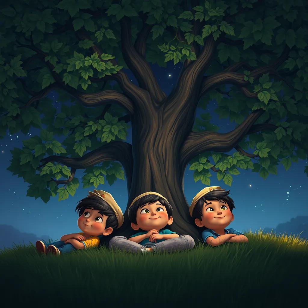 Image of The three children lying under the Mother Tree at night, gazing up at the stars while the tree softly rustles its leaves, twinkling stars above, calming atmosphere, soft light