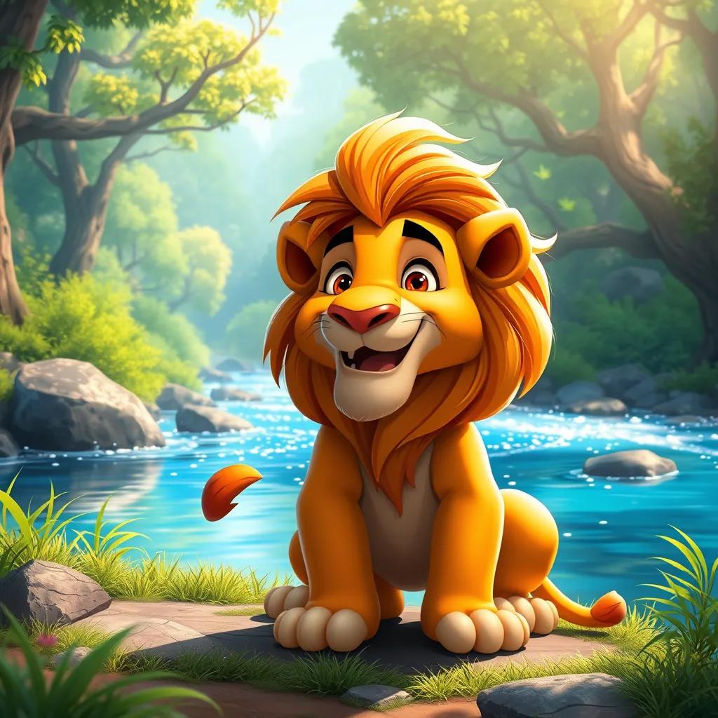 Image of A clever lion, Leo, with a golden mane, playing near a sparkling river in a bright green forest, cheerful atmosphere, digital art, vibrant colors, enchanting perspective, high quality