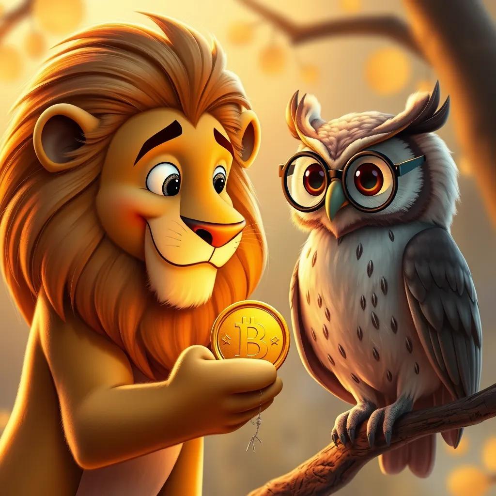 Image of Leo the lion, showing a shiny golden coin to a wise old owl named Mr. Hoot, who has round glasses and a wise expression, sitting on a branch, warm lighting, detailed scene, friendly vibe, high quality