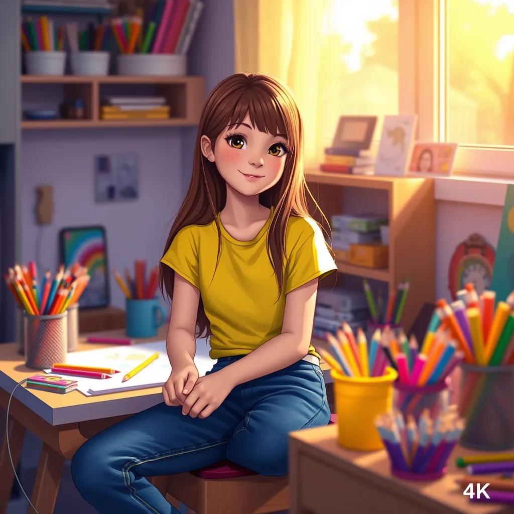 Image of A thirteen-year-old girl, Emma, with long brown hair, wearing a bright yellow t-shirt and blue jeans, sitting at a desk filled with colorful art supplies, sunlight shining through the window, digital art, vibrant colors, cheerful and creative atmosphere, high quality.