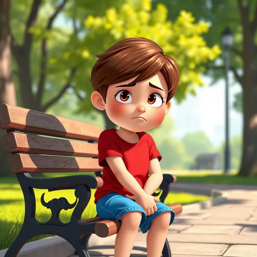 Image of A ten-year-old girl, Penny, with short brown hair and wearing a red t-shirt and blue shorts, frowning while sitting alone on a park bench, digital art, vibrant colors, sunny day, cheerful atmosphere, high quality