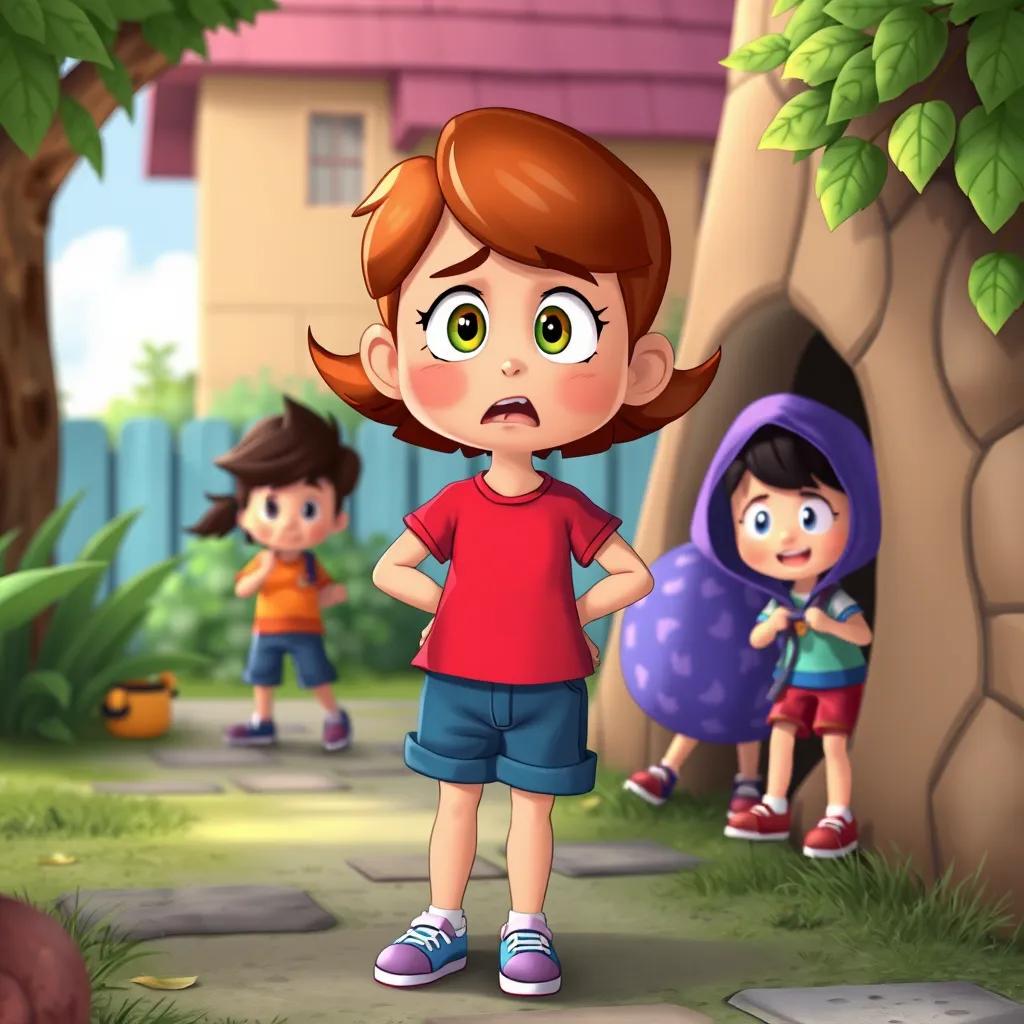 Image of Penny, still in her red t-shirt and blue shorts, standing near her friends playing hide and seek, looking annoyed as she shouts, digital illustration, colorful, playful setting, high detail