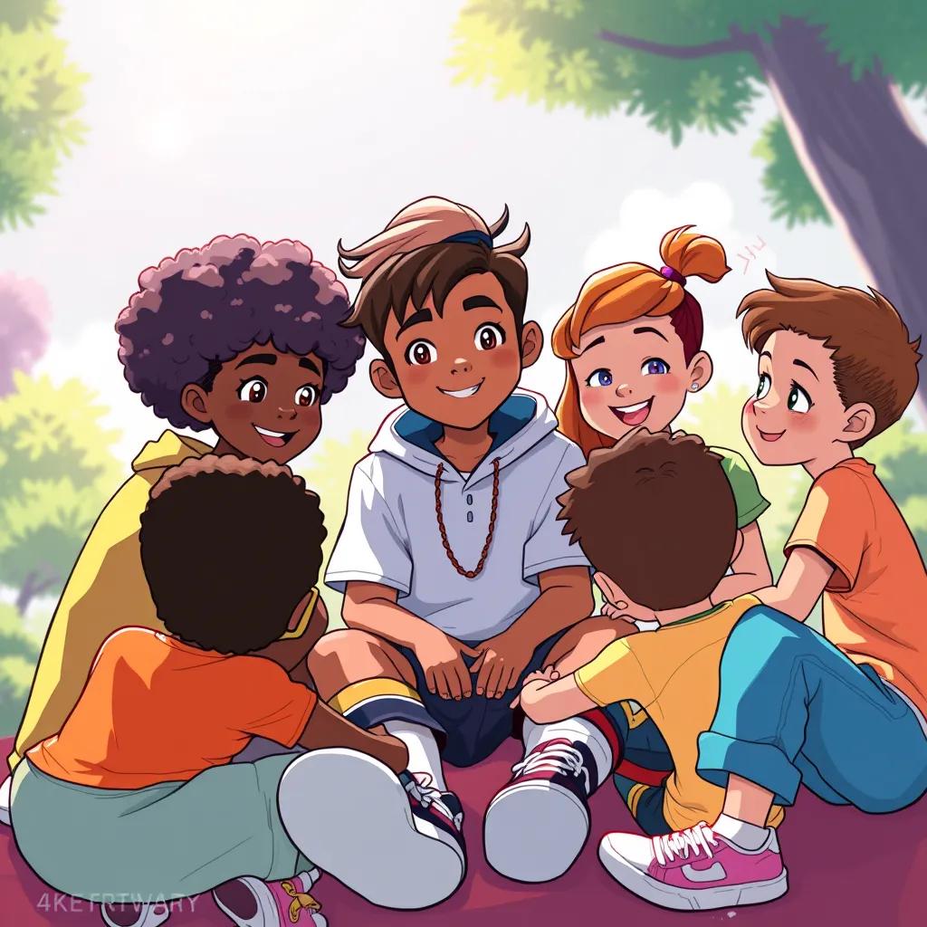 Image of Sigma, the charming boy, sitting with his friends in a circle, brainstorming ideas for the festival, diverse young children with different skin tones, colorful clothes, bright sunlight, playful mood, illustration, friendly and inviting