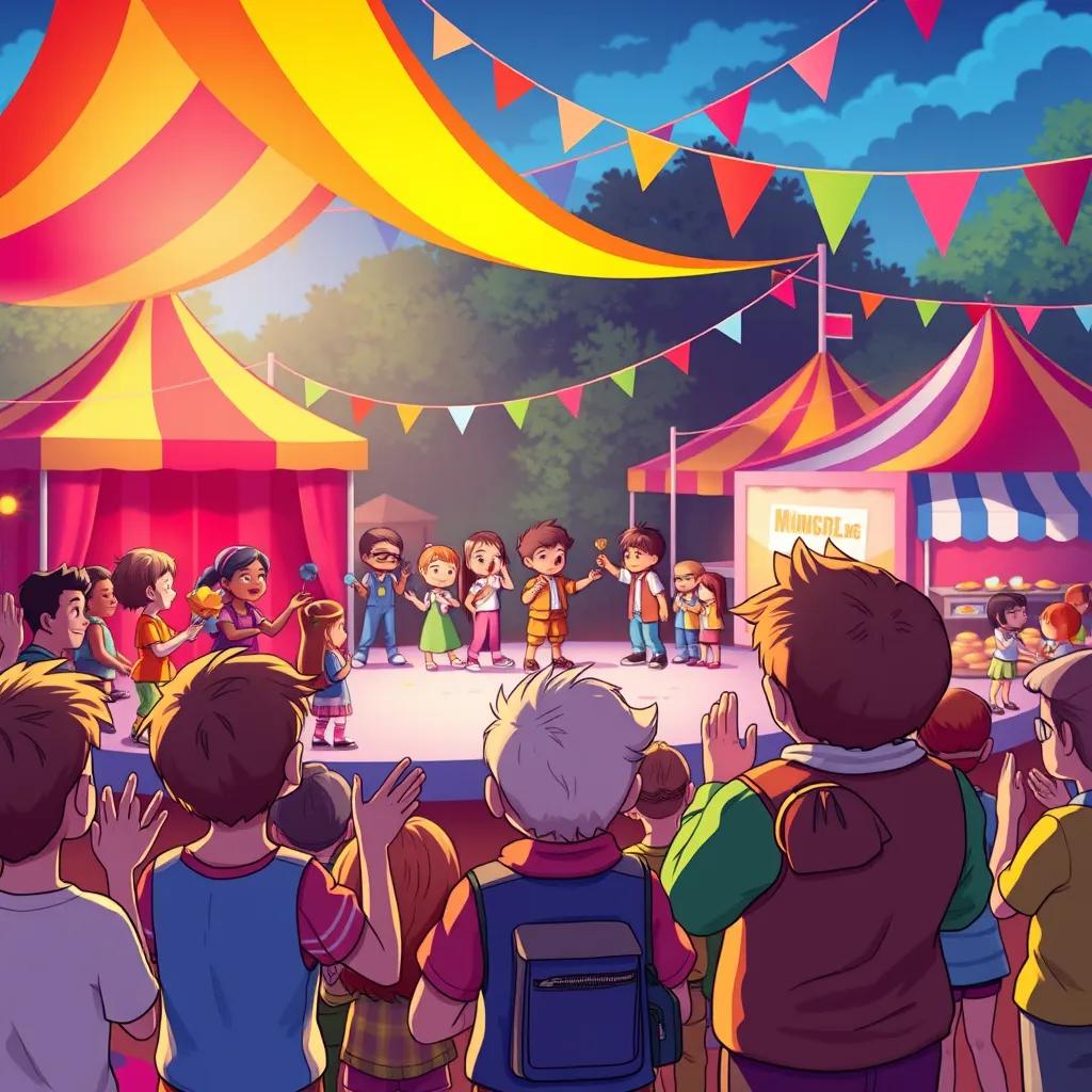 Image of The grand festival day with a colorful talent show, children performing on stage, villagers clapping and cheering, Sigma looking proudly at his friends, colorful tents and food stalls in the background, digital art, lively and joyful, high quality