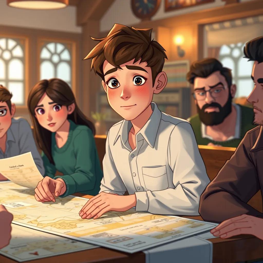 Image of Adolf, a young man with short brown hair and a white shirt, sitting with friends at a table covered with maps and papers, indoor setting, focused expressions, teamwork, detailed illustration, warm lighting, engaging atmosphere, high quality