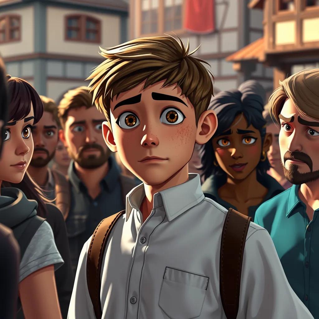 Image of Adolf, a determined young man with short brown hair and a white shirt, facing a group of mixed reactions from people in a town square, outdoor scene, expressions ranging from approval to concern, detailed art, contrasting colors, dramatic atmosphere, high quality