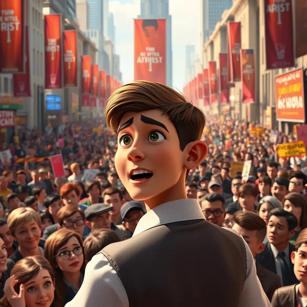 Image of Adolf, a passionate young man with short brown hair and a white shirt, addressing a large crowd in a bustling city square, many people listening intently, vibrant banners and signs, detailed art, bright colors, energetic mood, high quality