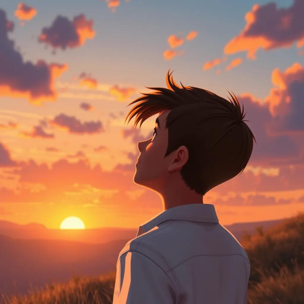 Image of Adolf, a thoughtful young man with short brown hair in a white shirt, looking out over a sunset from a hilltop, reflecting on his journey, warm sunset colors, peaceful scene, detailed digital painting, serene atmosphere, high quality