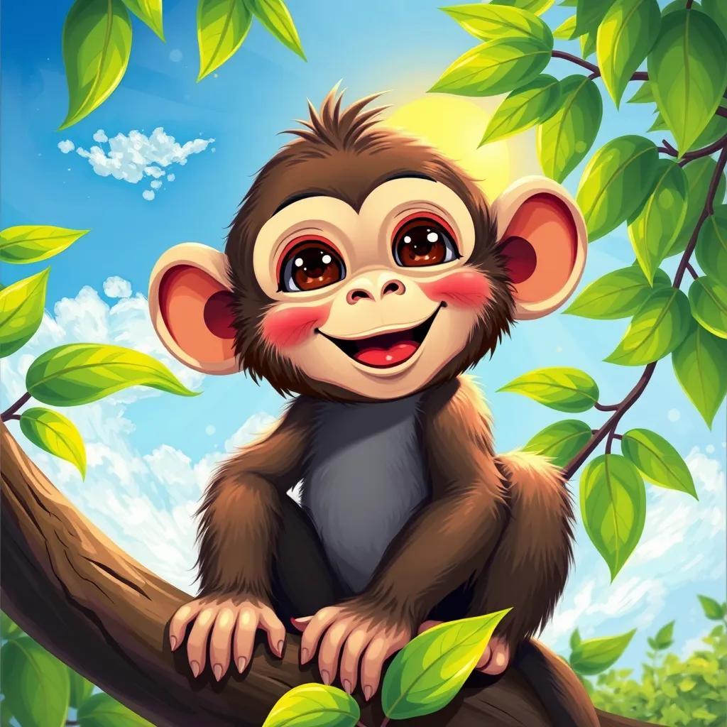 Image of A cheerful little monkey, with bright eyes and a playful smile, sitting on a branch with a sunny sky and lush green leaves around, digital art, vibrant colors, joyful atmosphere, high quality