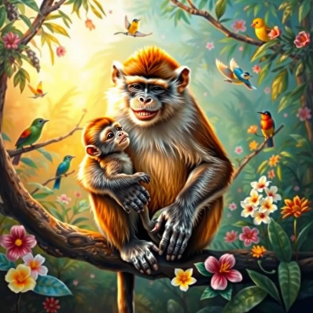 Image of A loving mother monkey, smiling at her little one, sitting on a branch, surrounded by birds and colorful flowers in a lush jungle, gentle sunlight filtering through, warm colors, heartwarming scene, high quality