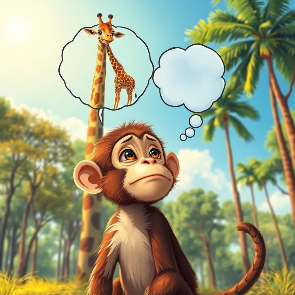 Image of The little monkey, looking confused with a thought bubble showing a tall giraffe, bright sky and tall trees surrounding, playful and vibrant illustration, high quality