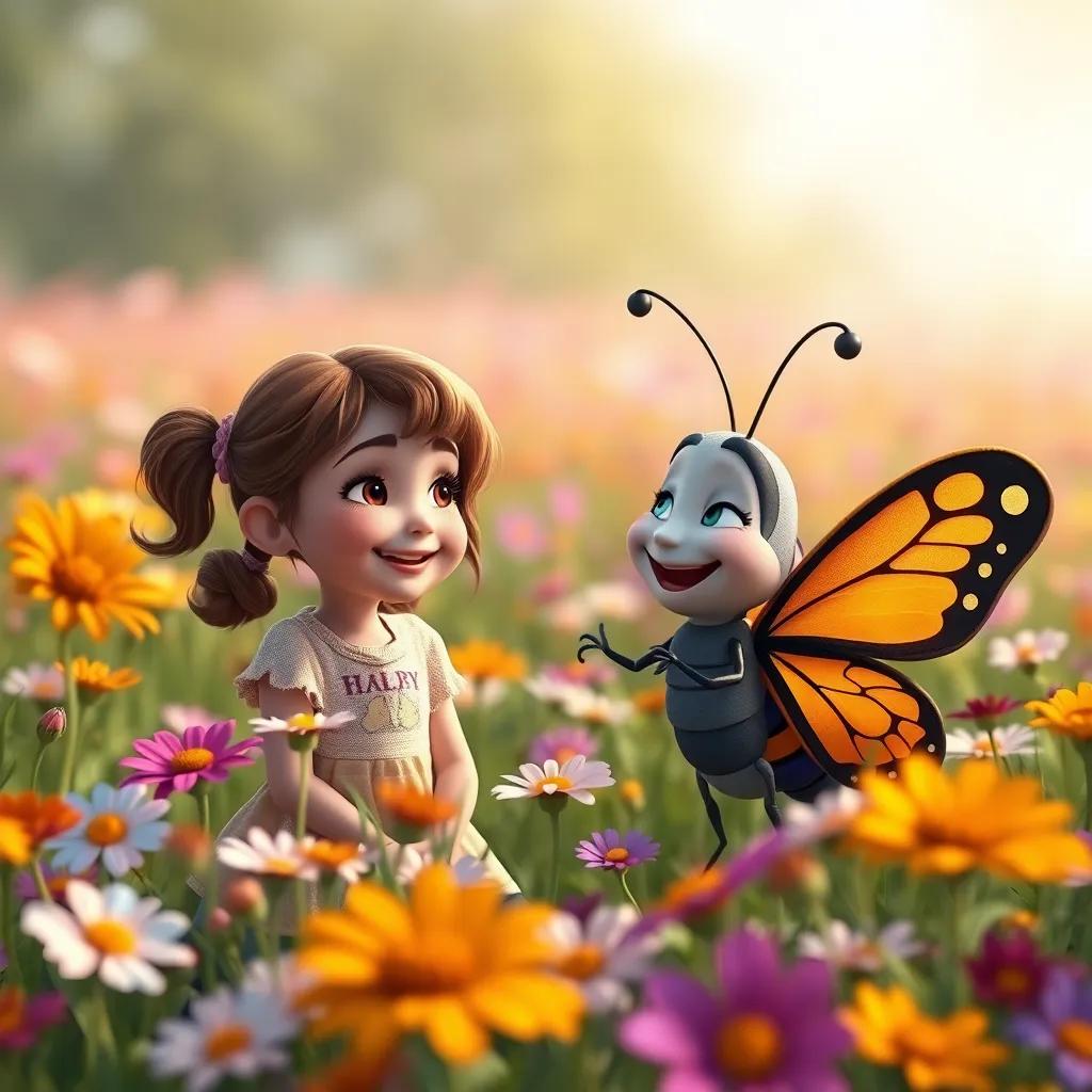 Image of Lily, with brown hair in pigtails, and Leo, the butterfly, talking and laughing together in a field full of flowers, bright colors, joyful expressions, soft focus, child-friendly