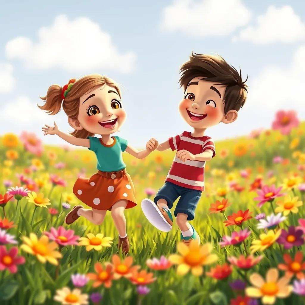 Image of Lily and Leo playing in the field, dancing among the flowers with big smiles, sunny day, vivid flowers around, playful scene, colorful and inviting, child-friendly illustration