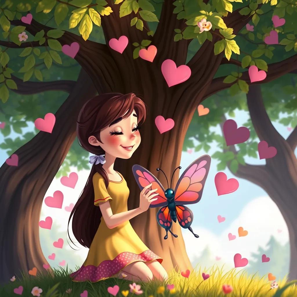 Image of Lily, with brown hair in pigtails, and Leo, the butterfly, sharing a sweet moment under a big tree, with hearts around them, bright and colorful, romantic and joyful, digital art