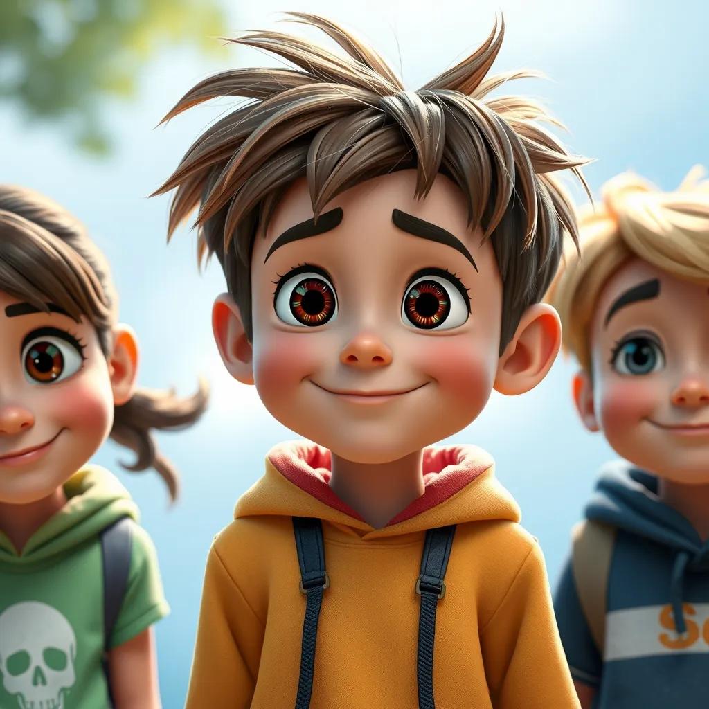 Image of Billy, a curious 8-year-old with messy brown hair, standing with his friends Lila and Sam, a close-up view, smiling and looking determined, representing teamwork, digital art, lively, bright colors, high quality