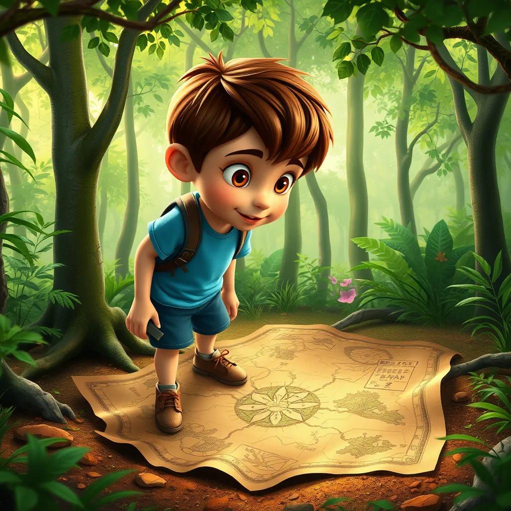 Image of A brave boy named Sam, with short brown hair, wearing a blue t-shirt and shorts, looking at an ancient map on the ground in a lush green forest, digital art, bright colors, adventurous atmosphere, high quality