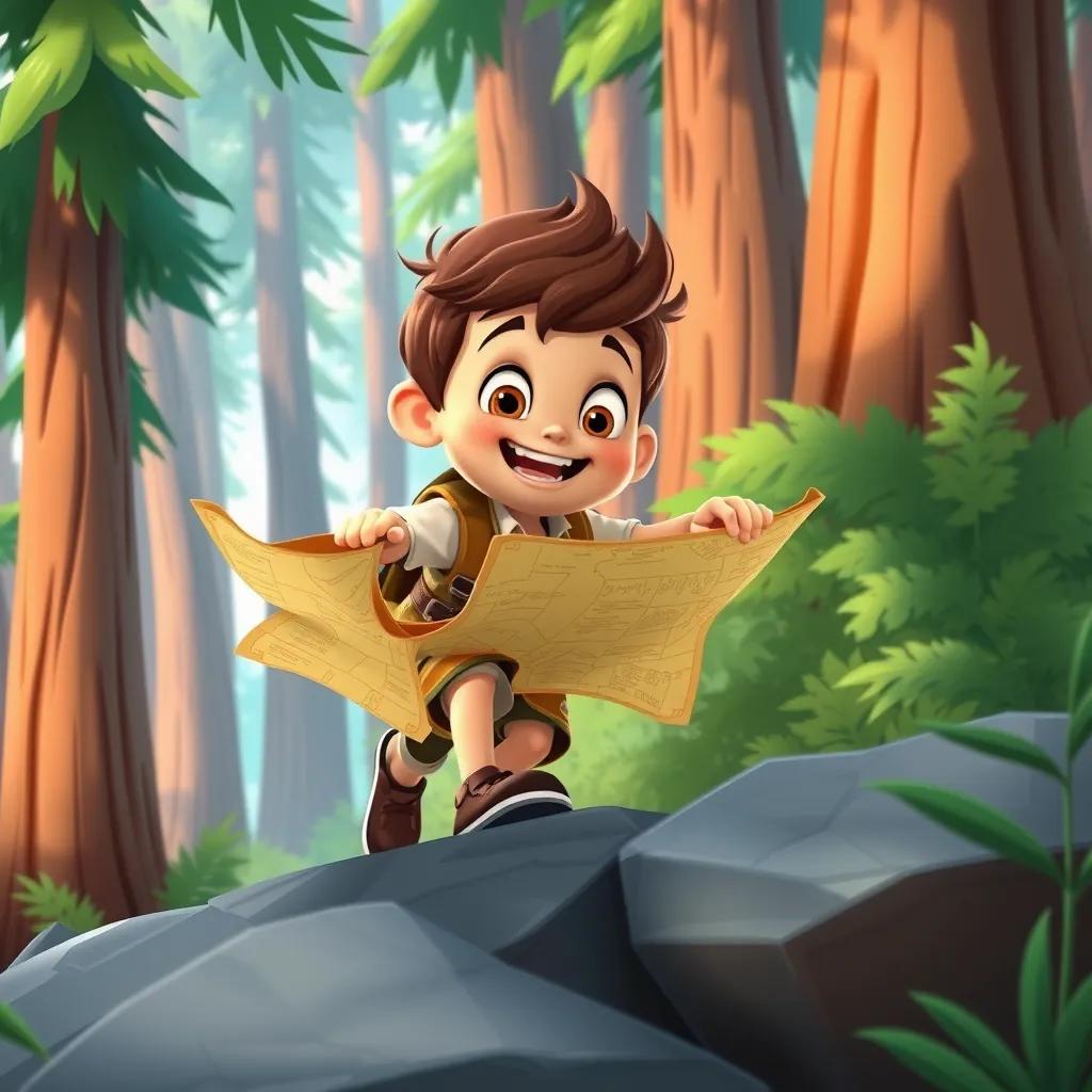 Image of Sam, a brave boy, following a treasure map through tall trees, climbing over rocks, with excitement on his face, colorful illustration, cheerful and lively, dynamic perspective, high quality