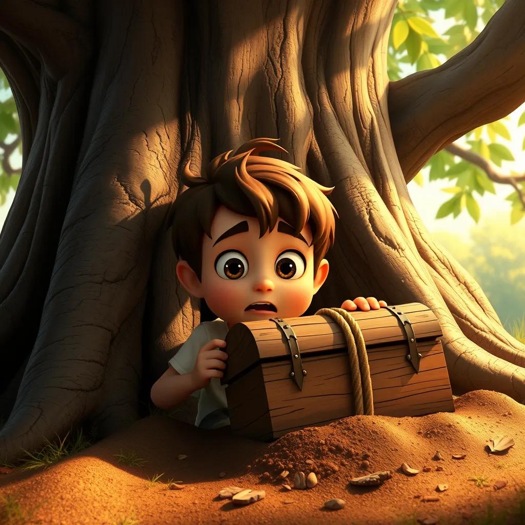 Image of Sam, a brave boy, digging under a large oak tree, discovering a wooden chest tied with ropes, his eyes wide opened in shock, warm light filtering through tree leaves, detailed and realistic, child-friendly