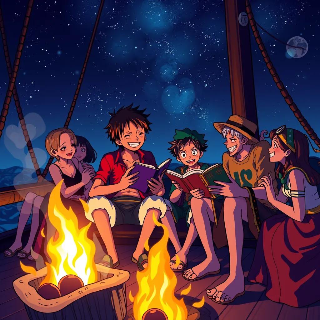 Image of Luffy and Zoro with their crew celebrating under the stars on the ship, sharing stories of their adventures, with a cozy fire, laughter, and happy faces, heartwarming, rich colors, magical night