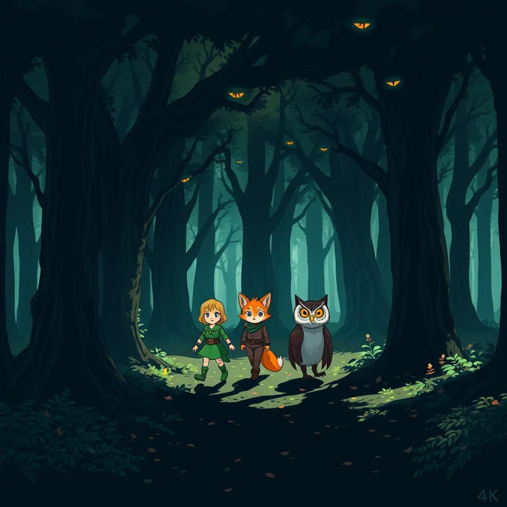 Image of A dense, dark forest with towering trees and a thick canopy, blocking most of the sunlight. The ground is covered with a layer of fallen leaves, and shadows dance with every movement. In the center, Lila (an elf with a green tunic and golden hair), Finn (a fox with bright orange fur), and Zara (an owl with bright eyes and a feathered robe) are cautiously walking, with expressions of determination and slight fear. The forest seems alive, with subtle faces formed in the tree bark and eyes peering through the foliage.