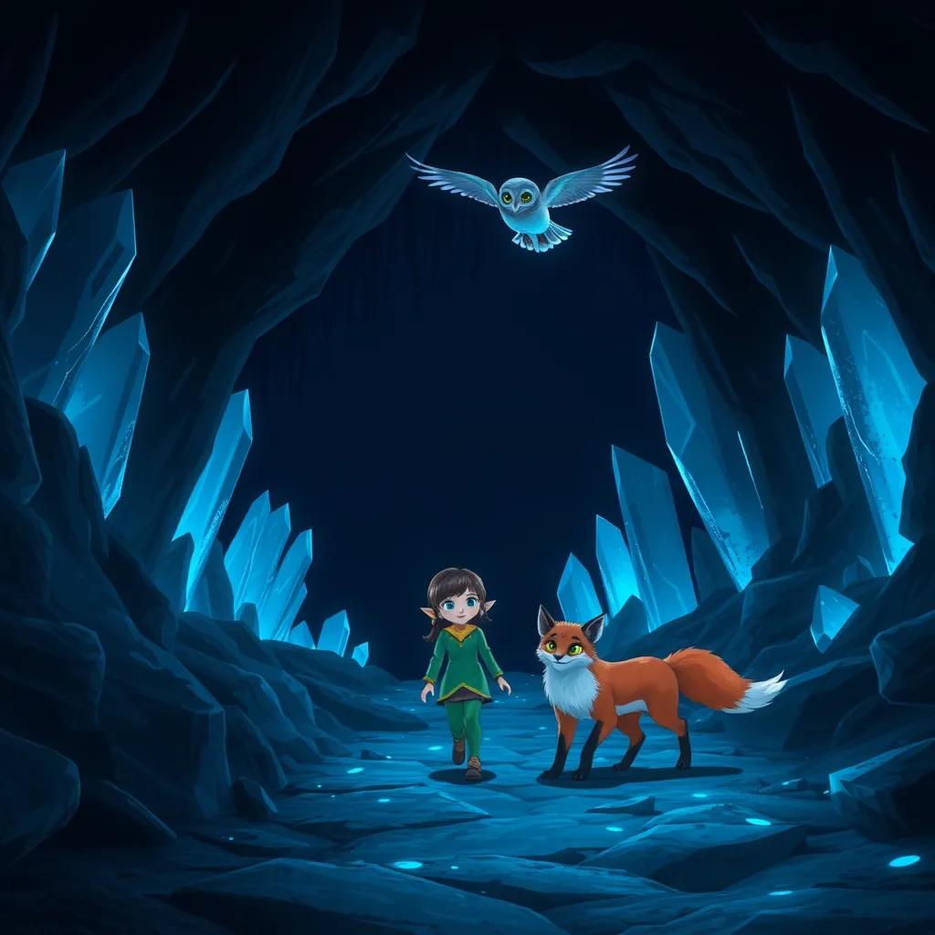 Image of The entrance to a cave with glowing blue crystals lining the walls. The cave is dark, but the crystals emit a soft blue light, illuminating the path. Lila (the elf girl) steps forward bravely, her face lit up by the blue glow. Finn (the fox) follows, eyes wide with wonder, while Zara (the wise owl) hovers above, wings slightly outstretched. The air is filled with a sense of magic and anticipation.