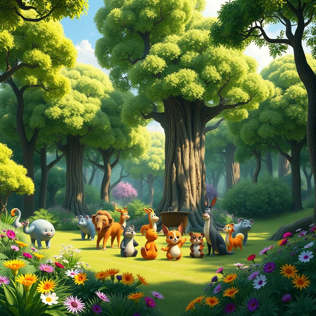 Image of A vibrant forest filled with lush green trees and colorful flowers, various animals gathered around a big tree for a meeting, bright and sunny day, cheerful atmosphere