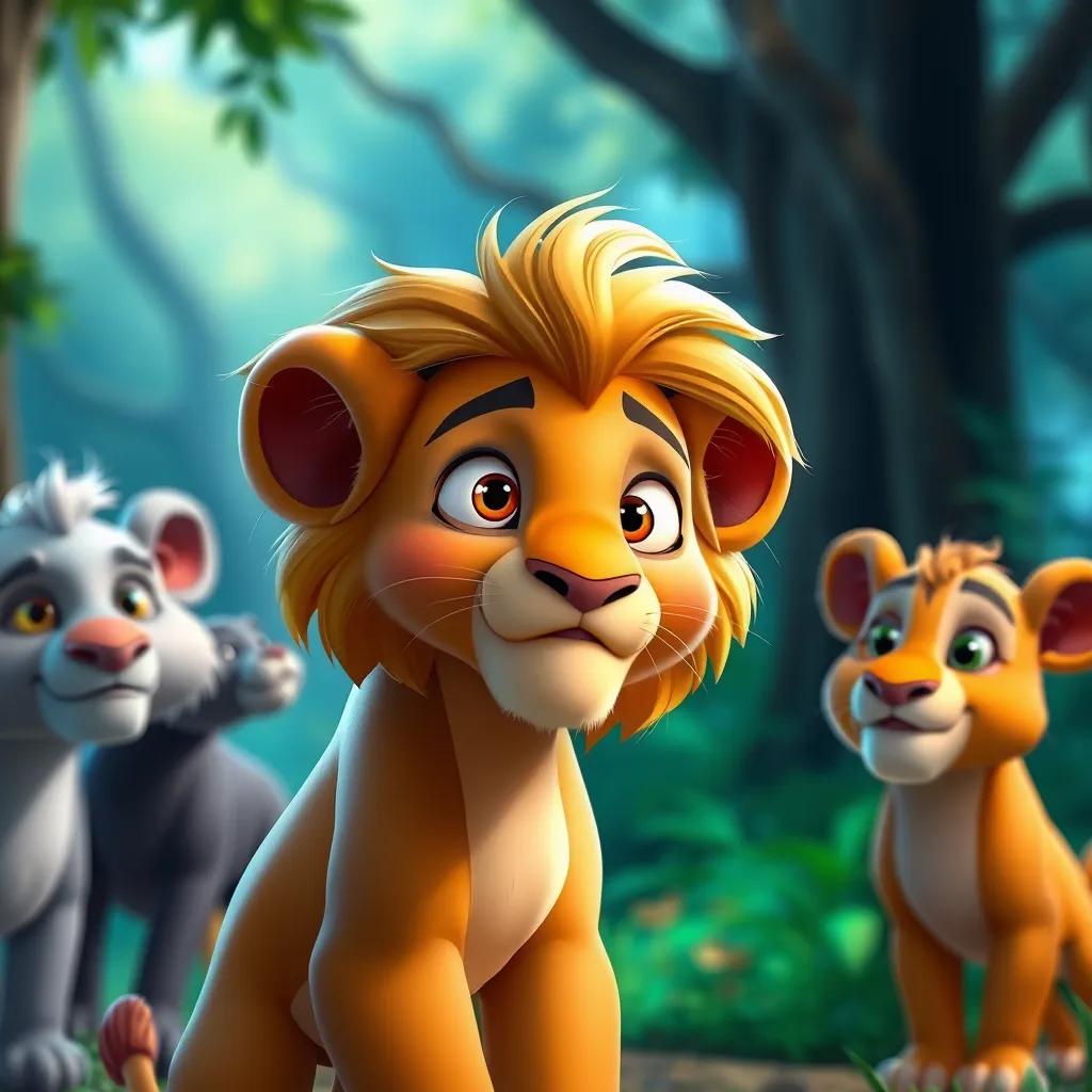 Image of Leo, a young lion with a golden mane, looking scared while standing in front of other animals in the forest, gentle expressions, bright colors