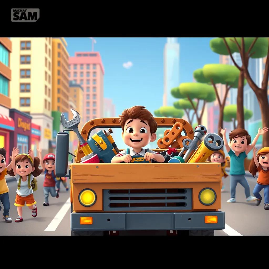 Image of Sam, in his truck filled with tools, driving through a bustling city, excited kids in the background waving, bright buildings and tall trees, illustration, lively scene, cheerful mood, child-friendly